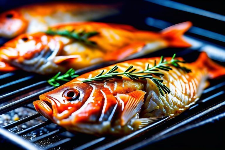 Three fish are cooking on a grill with rosemary on top.