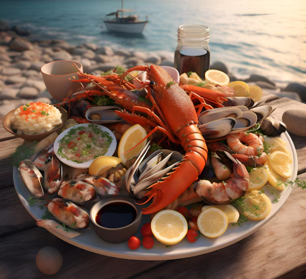 A plate of seafood with a lobster on top