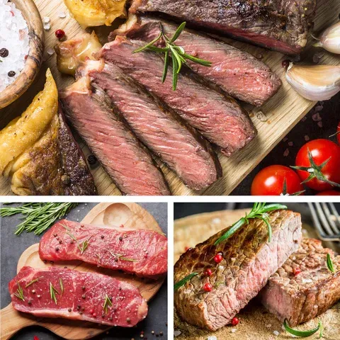 There are many different types of steaks in this collage.
