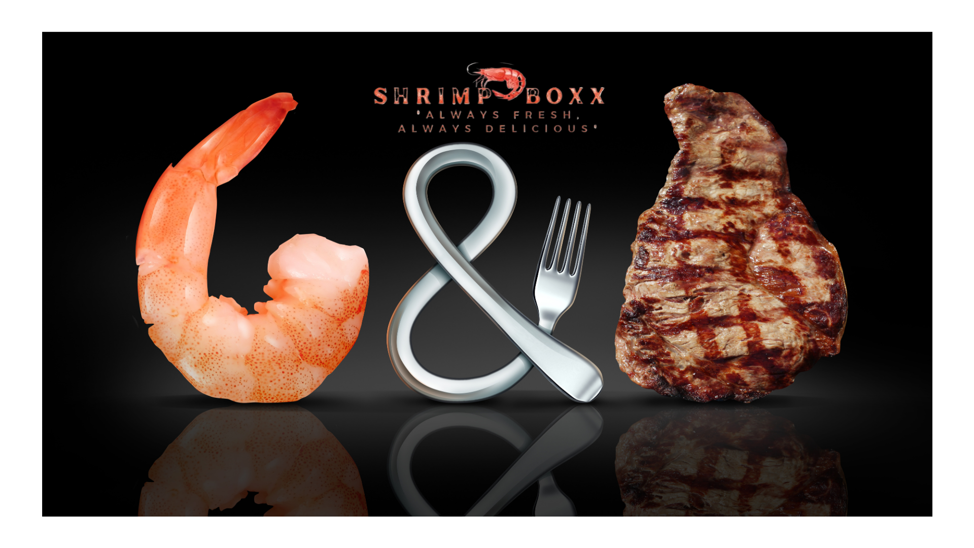 A shrimp and a steak are on a black background