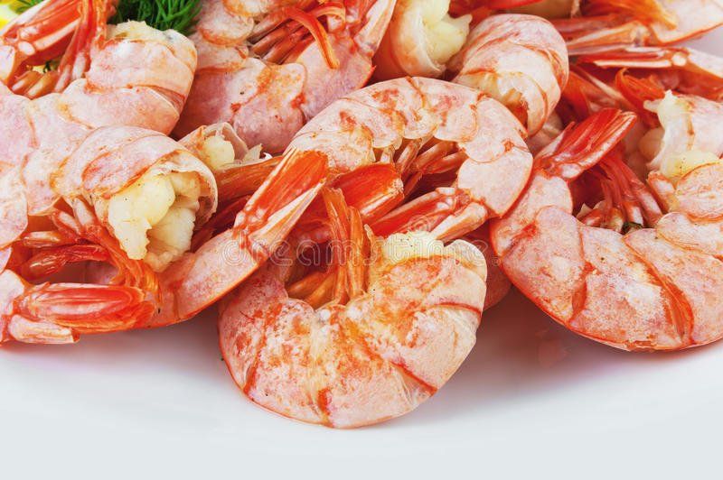 A close up of cooked shrimp on a white plate.