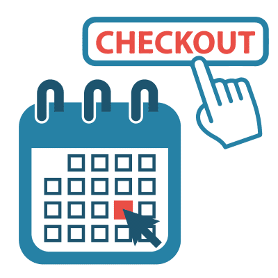 An icon of a calendar with a hand pressing a checkout button.