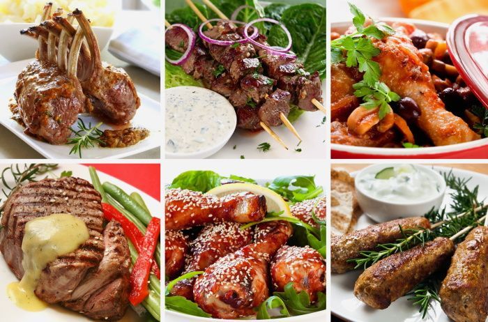 A collage of different types of food including meat and vegetables