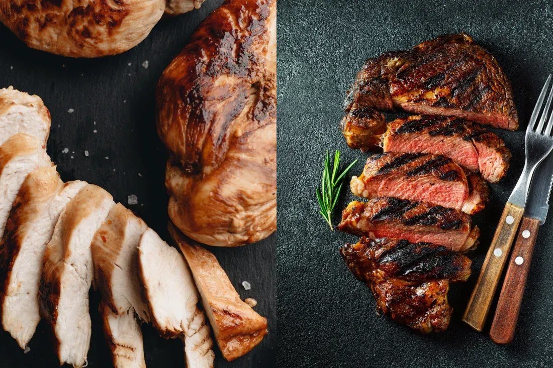 A close up of a piece of meat next to a close up of a piece of meat.