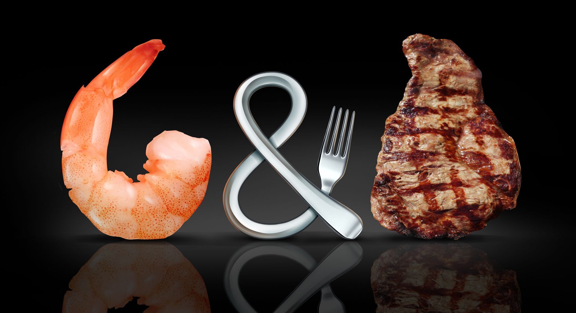 A shrimp a steak and a fork in the shape of the letter g & i