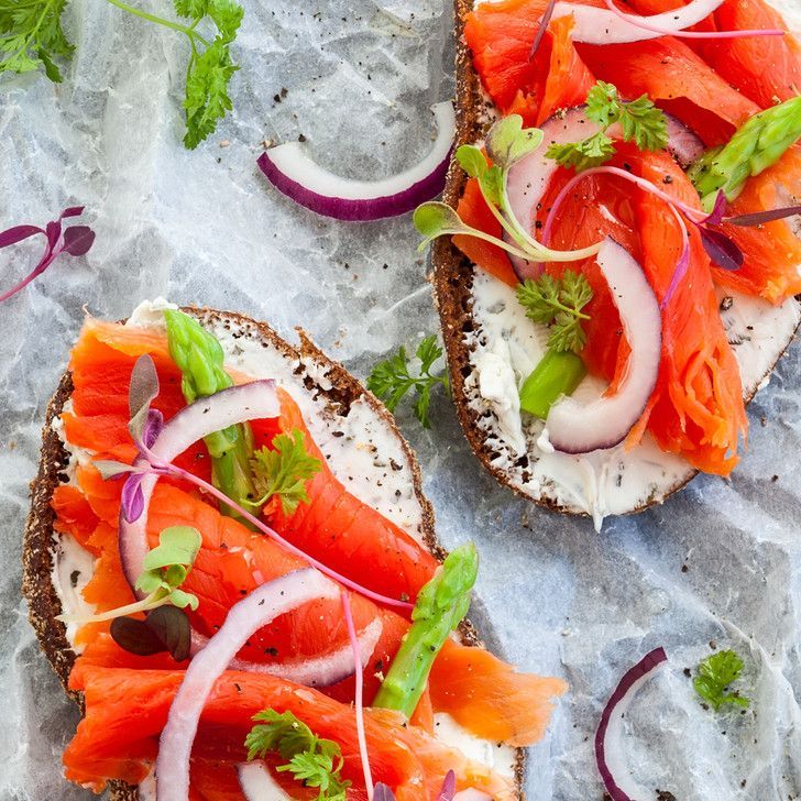 A close up of two sandwiches with smoked salmon , onions and asparagus on a table.