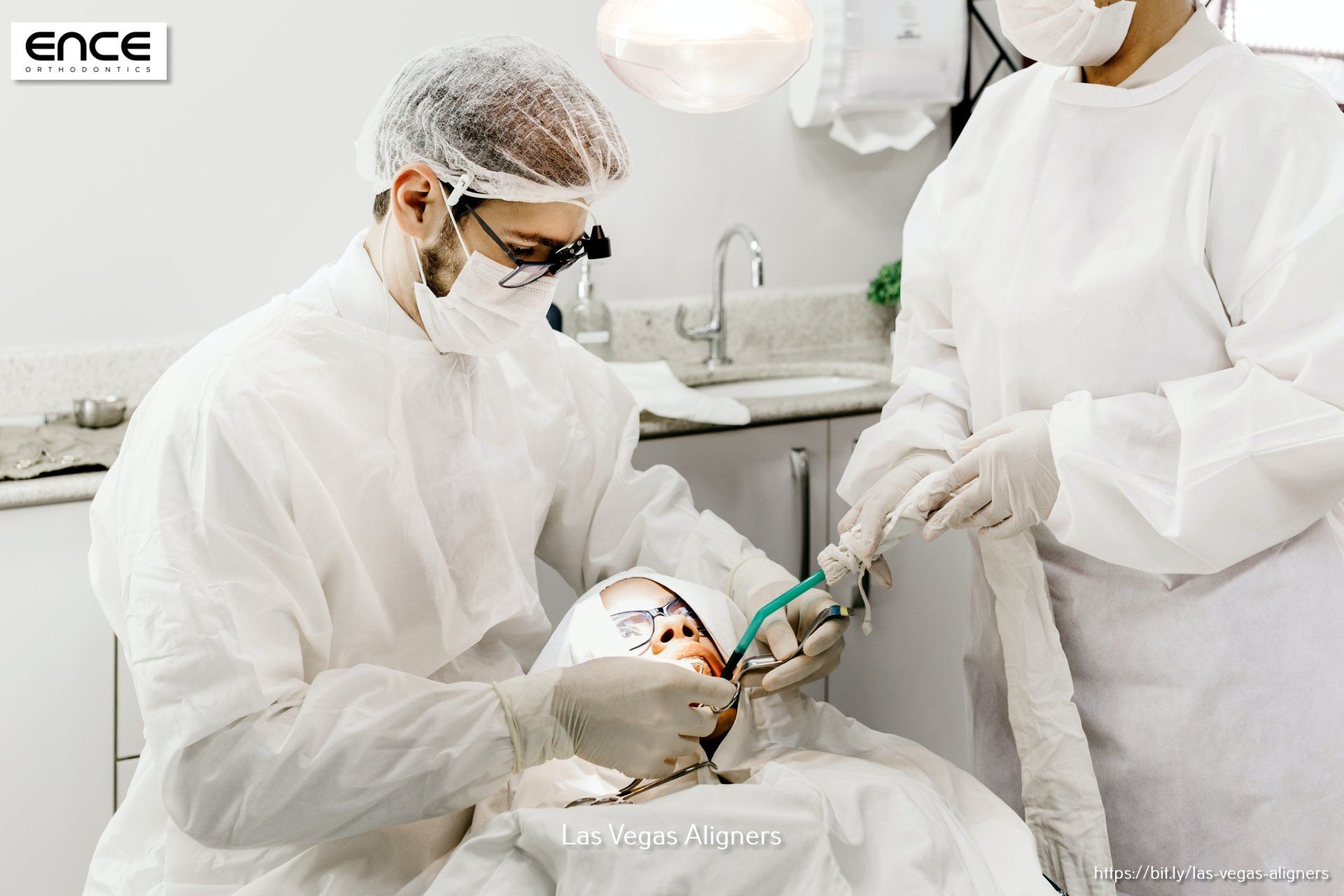 A dentist is examining a patient 's teeth in a dental office.