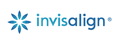 The invisalign logo is blue and has a flower on it.