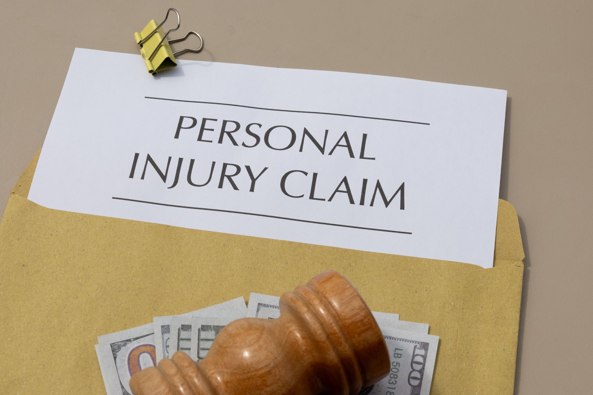 Folder labeled “PERSONAL INJURY CLAIM” with a gavel and money on a desk