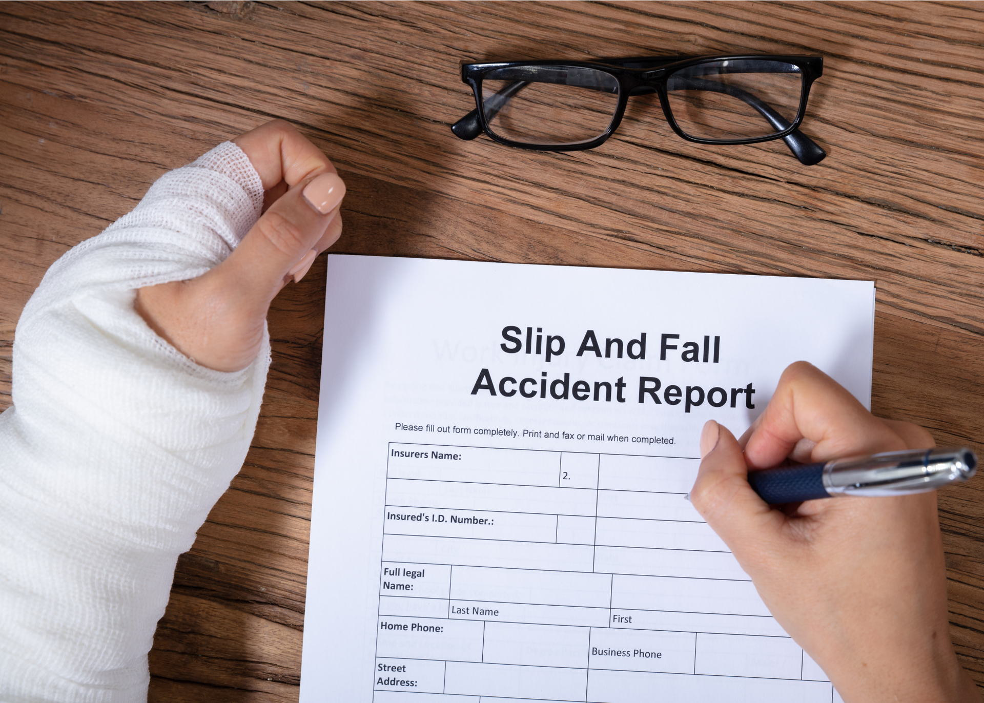 A person with a broken arm is filling out a slip and fall accident report.