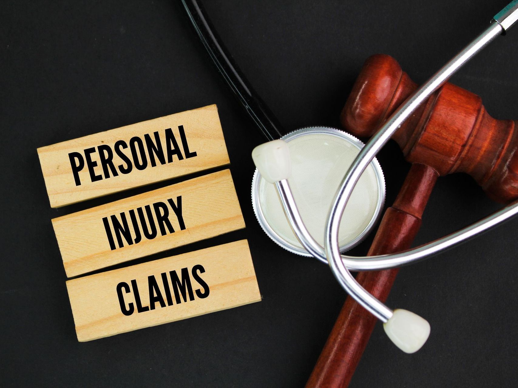 A wooden sign that says personal injury claims next to a stethoscope.