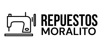 Un logo en blanco y negro para repuestos moralito con una maquina de coser.