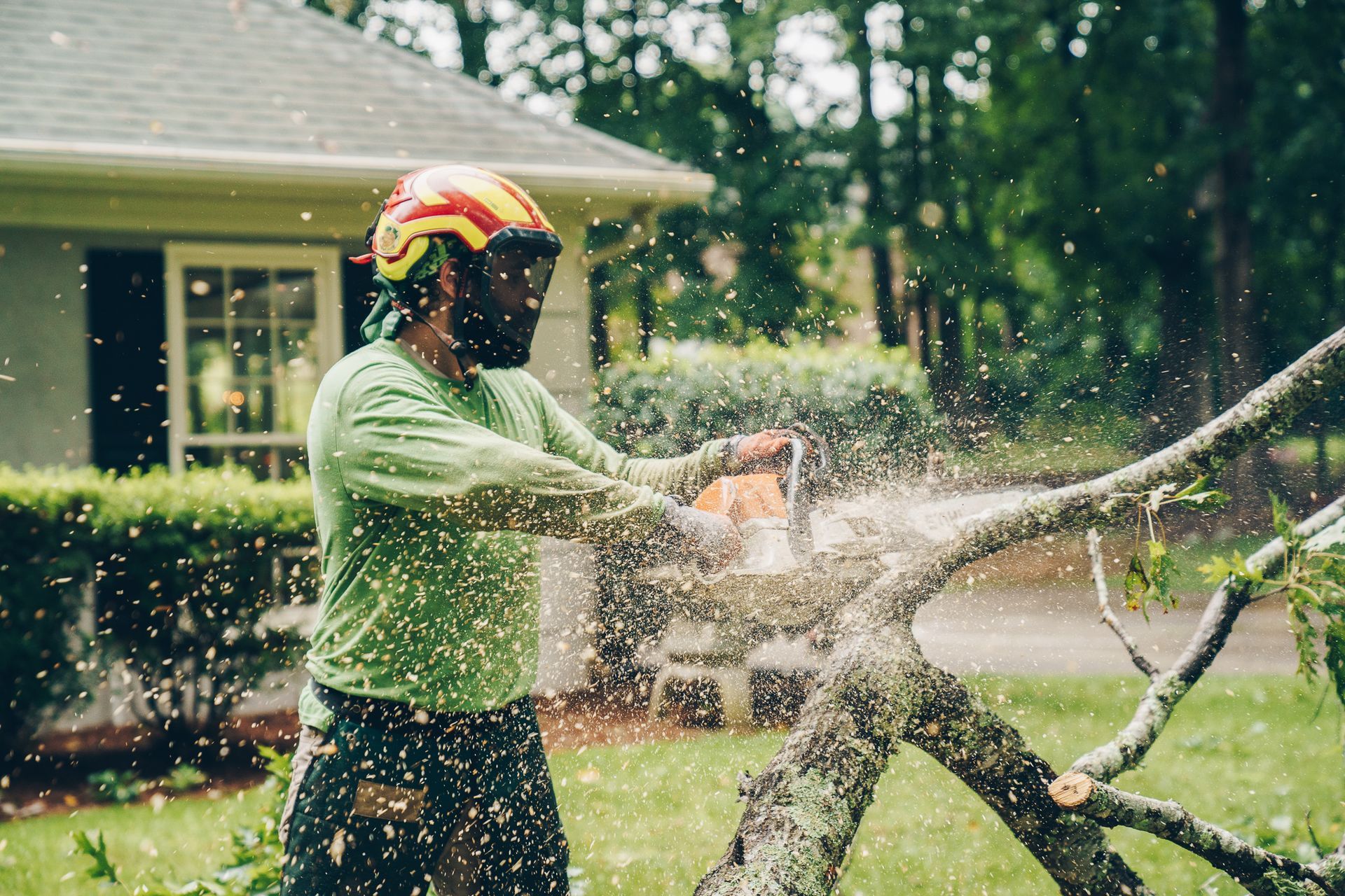 a man wearing a helmet is cutting a tree branch with a chainsaw