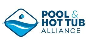 Logo for the Pool & Hot Tub Alliance featuring a blue diamond icon with water waves and bubbles next to the organization name in Columbus