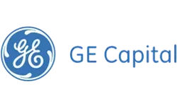 A blue and white logo for ge capital on a white background.