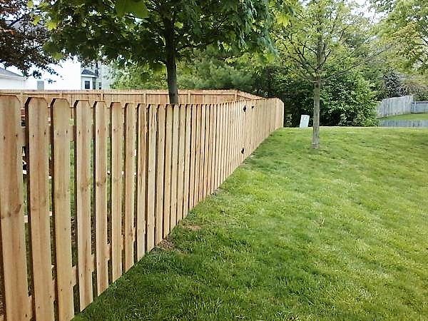 A wooden fence surrounds a lush green lawn in a backyard.
