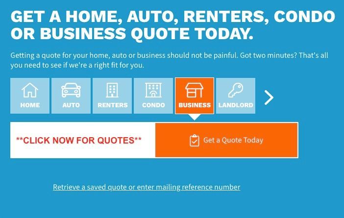 Website offering home, auto, renters, condo, and business quotes. Blue background, orange buttons, and white text.