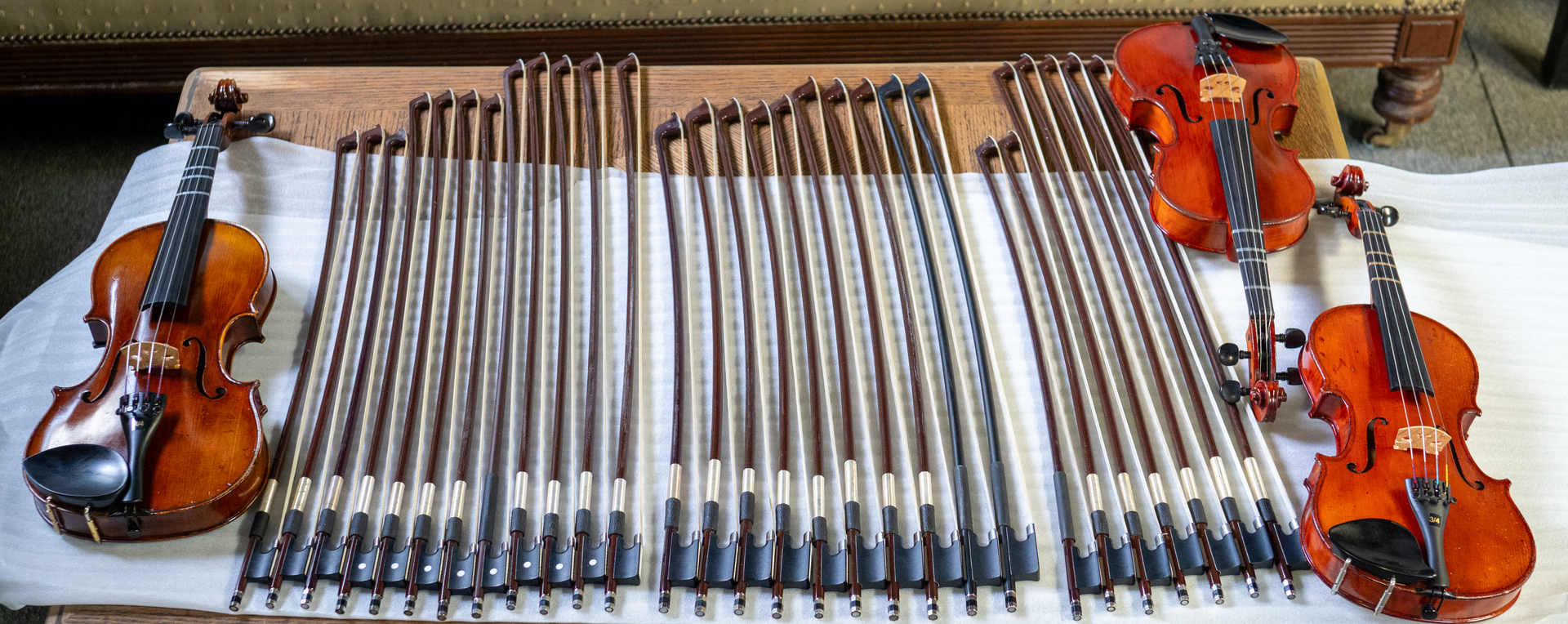 Three violins and numerous wooden violin bows arranged side-by-side on a white surface.