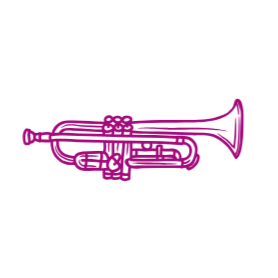 A magenta line-drawing illustration of a trumpet on a white background.