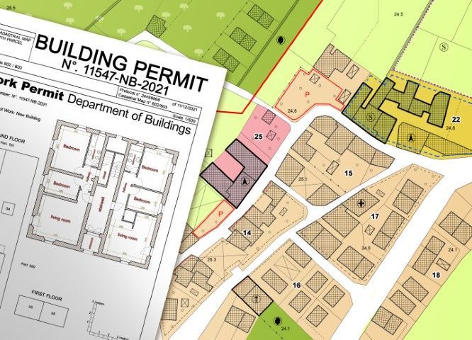 Building permit and architectural plans overlaying a map of building plots.