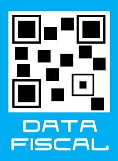 Código QR en blanco y negro sobre las palabras “DATA FISCAL” sobre un fondo azul.