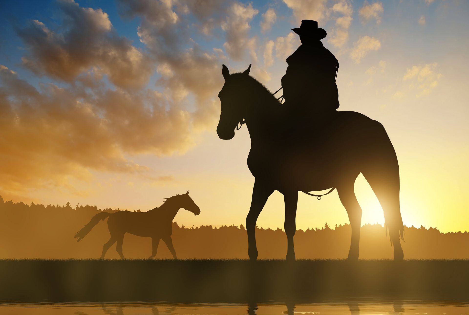 Cowboy on horseback silhouetted against a sunset, with a second horse nearby.