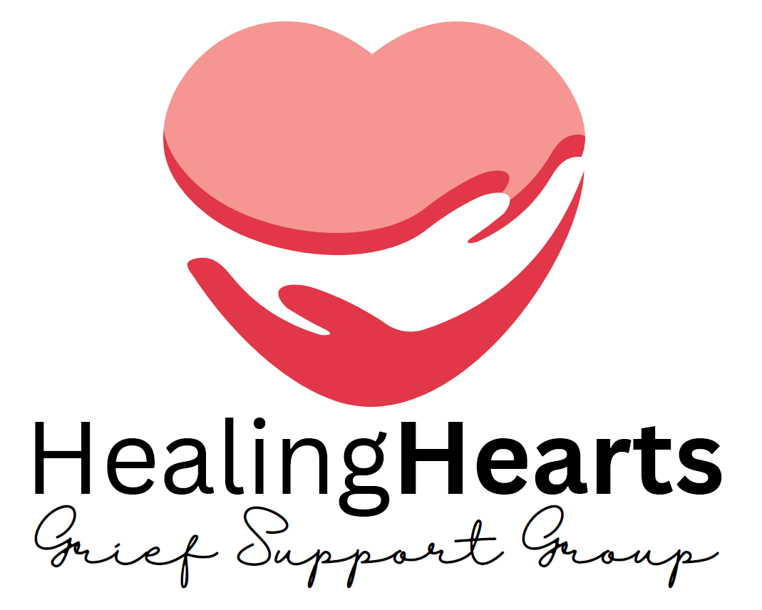 Logo for Healing Hearts grief support group: pink heart with hands cradling it, text below.