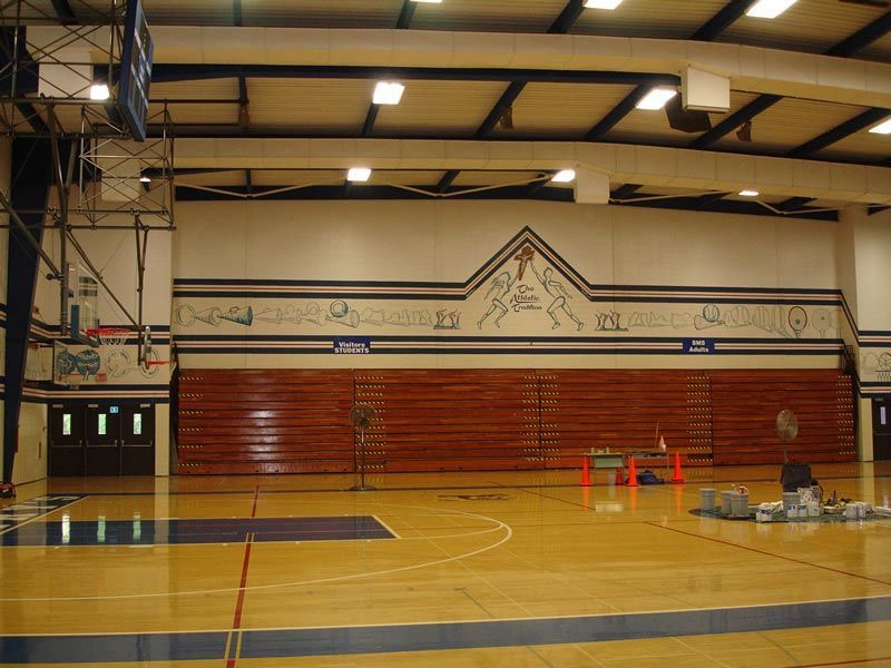 An empty gym with a clock on the wall
