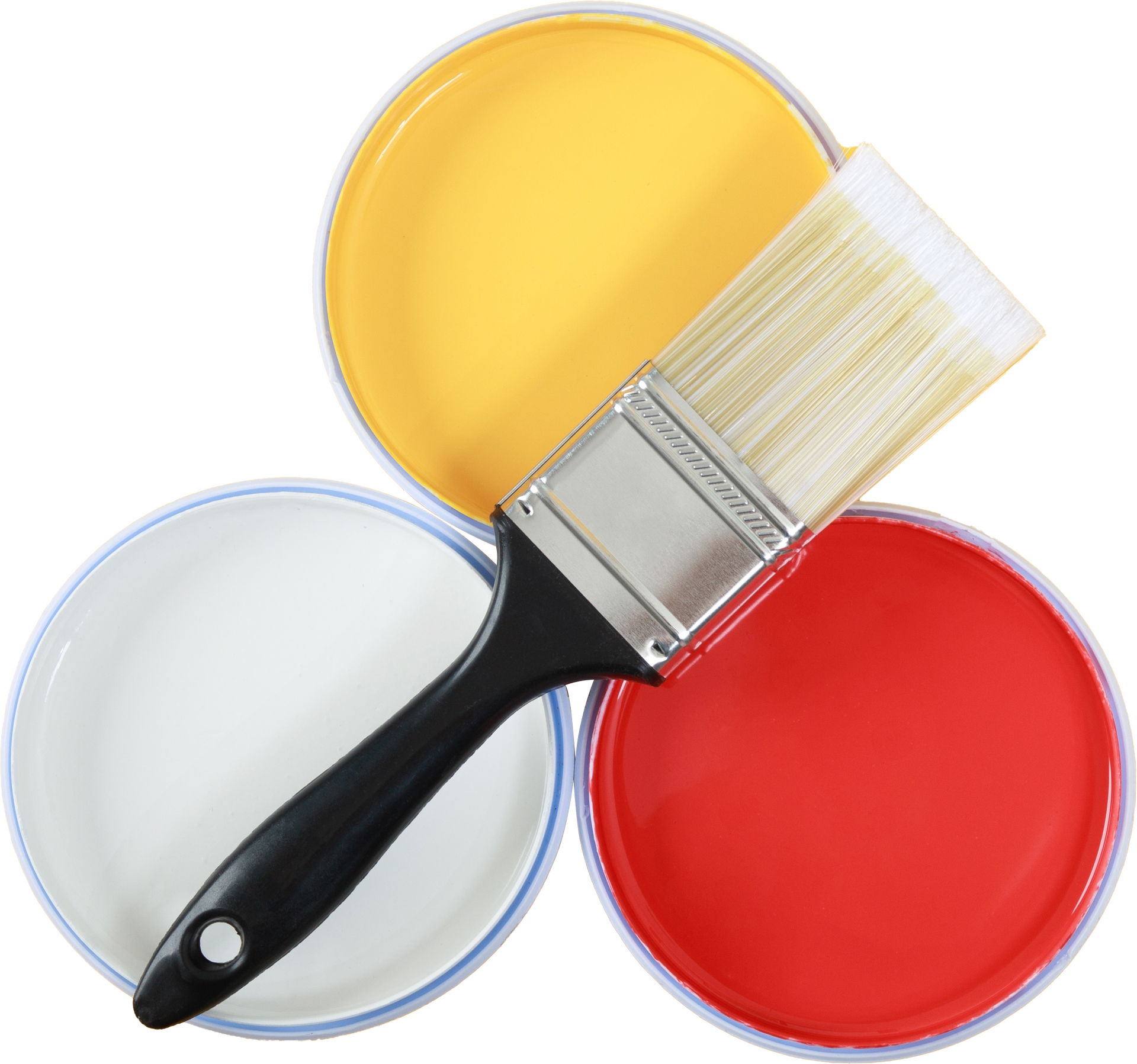 Three containers of paint and a paint brush