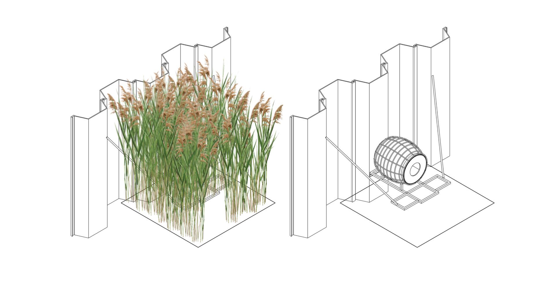 Auch die Installation an Uferwänden ist möglich. Um den Otterbauau zu „verstecken“ können bewachsene Module im diesen herum positioniert werden. Auch die Installation an Uferwänden ist möglich. Um den Otterbauau zu „verstecken“ können bewachsene Module im diesen herum positioniert werden.