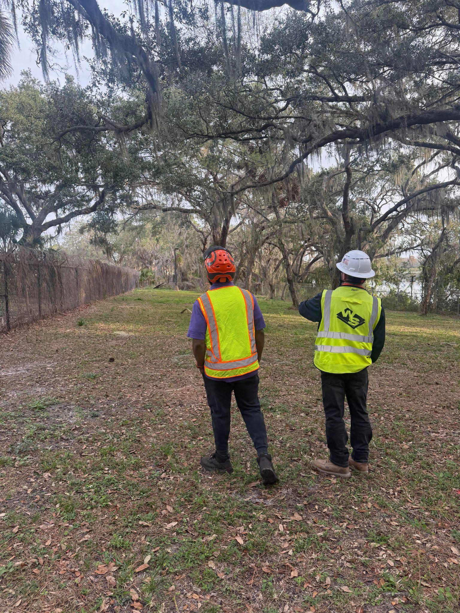 Two workers in safety vests stand outdoors, surveying a grassy area with trees in the background.