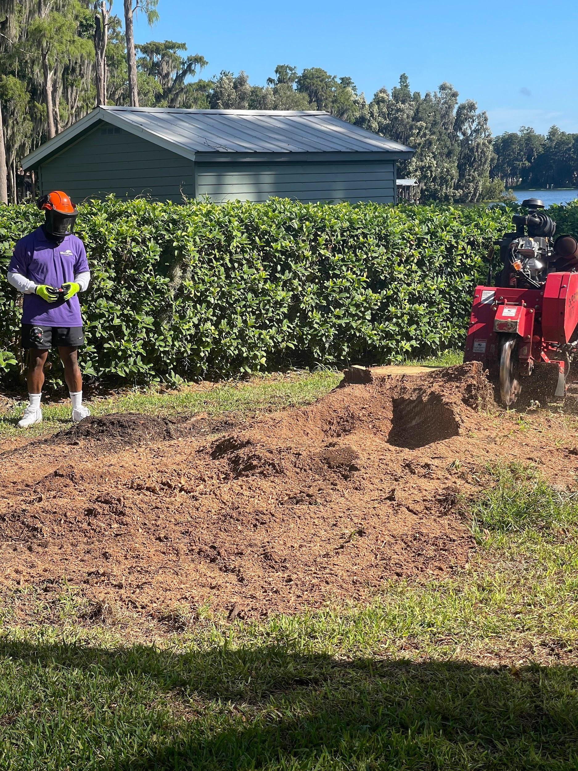 Man operating a red rototiller in yard, another man in purple shirt nearby.