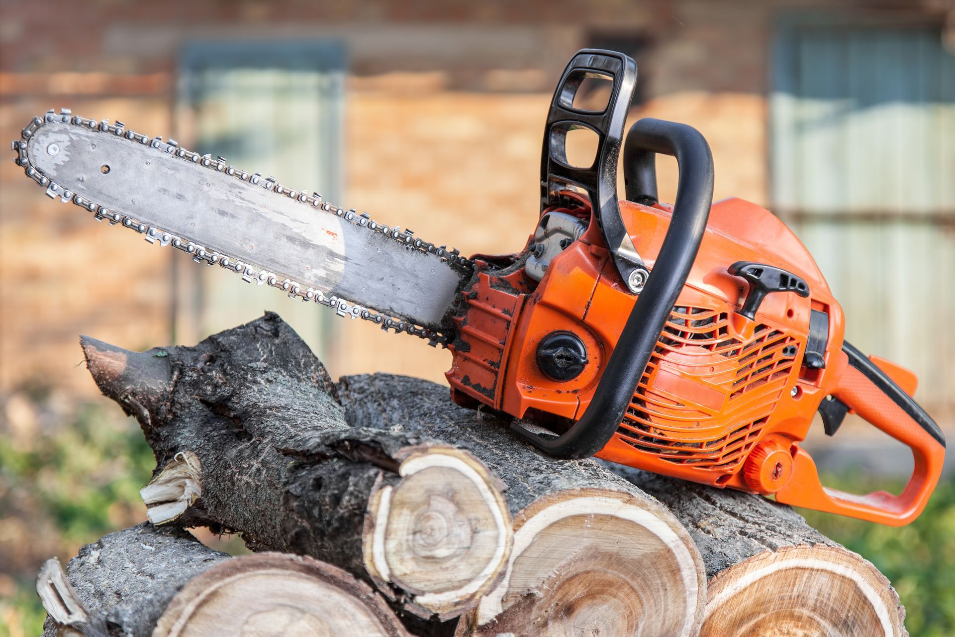 Orange chainsaw resting on a pile of cut logs.