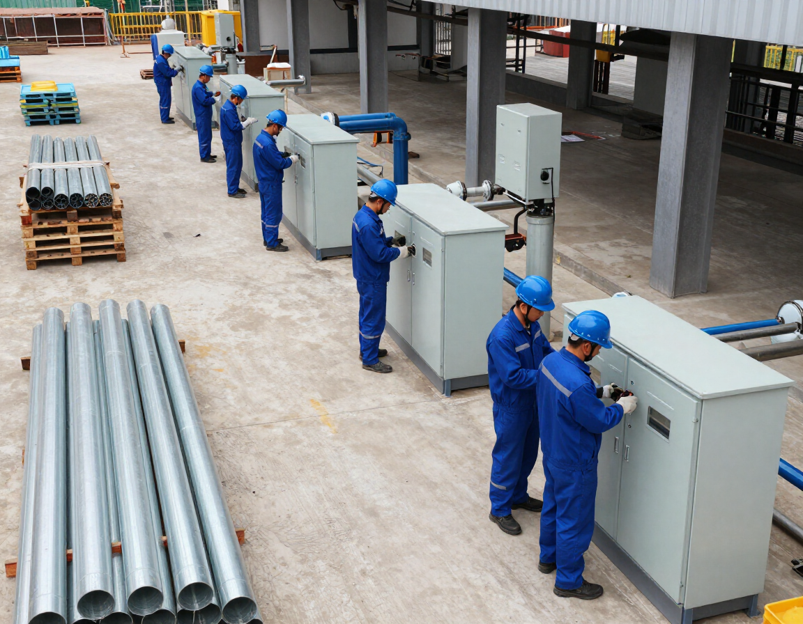 Técnicos con uniformes azules y cascos inspeccionan una hilera de armarios eléctricos industriales en el exterior.