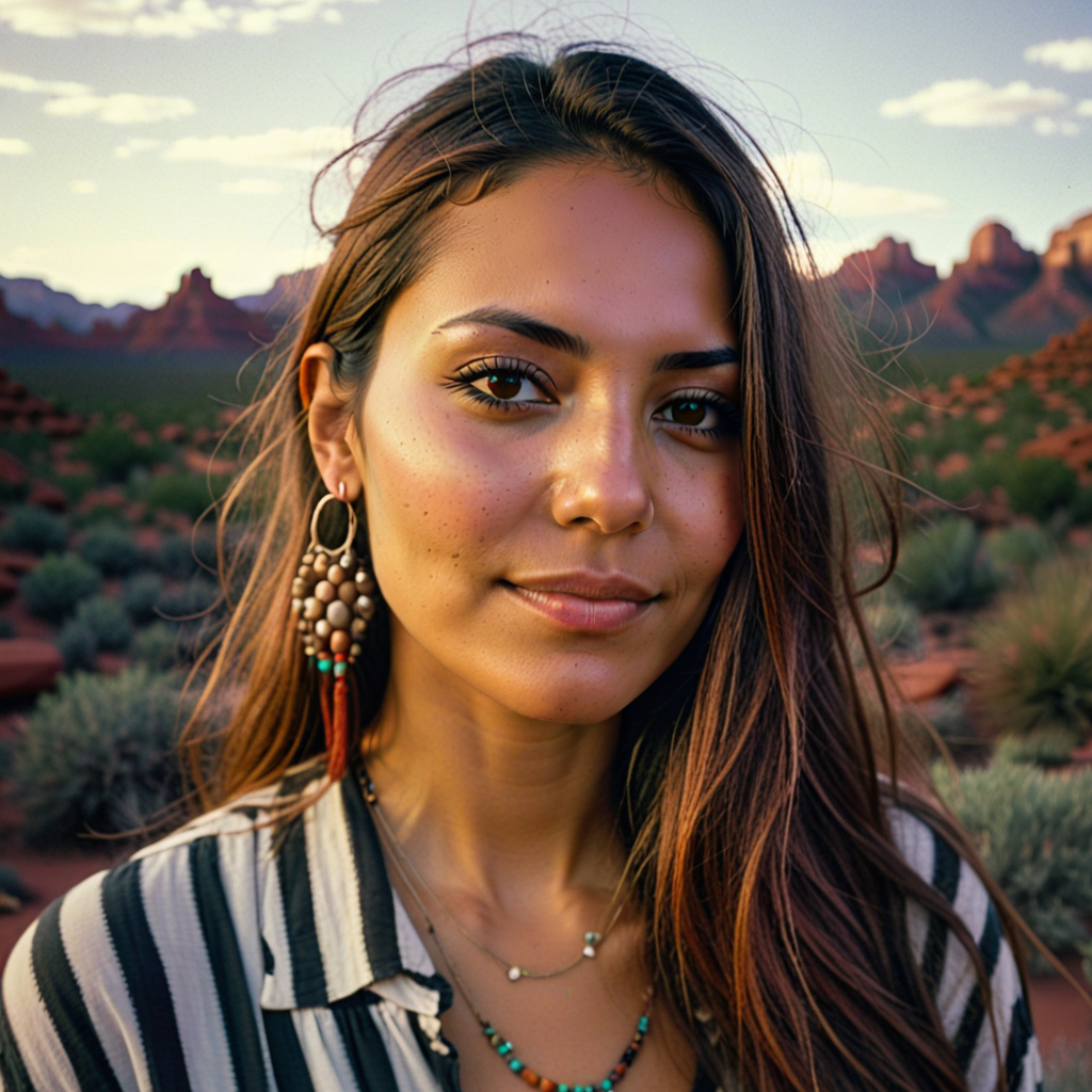 A woman wearing a striped shirt and earrings is standing in the desert.