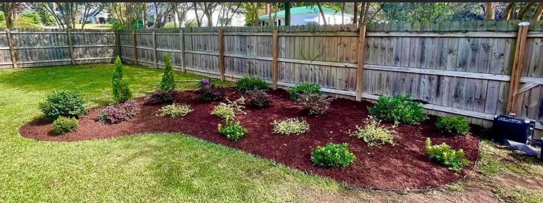 There is a fence in the background and a garden in the foreground.