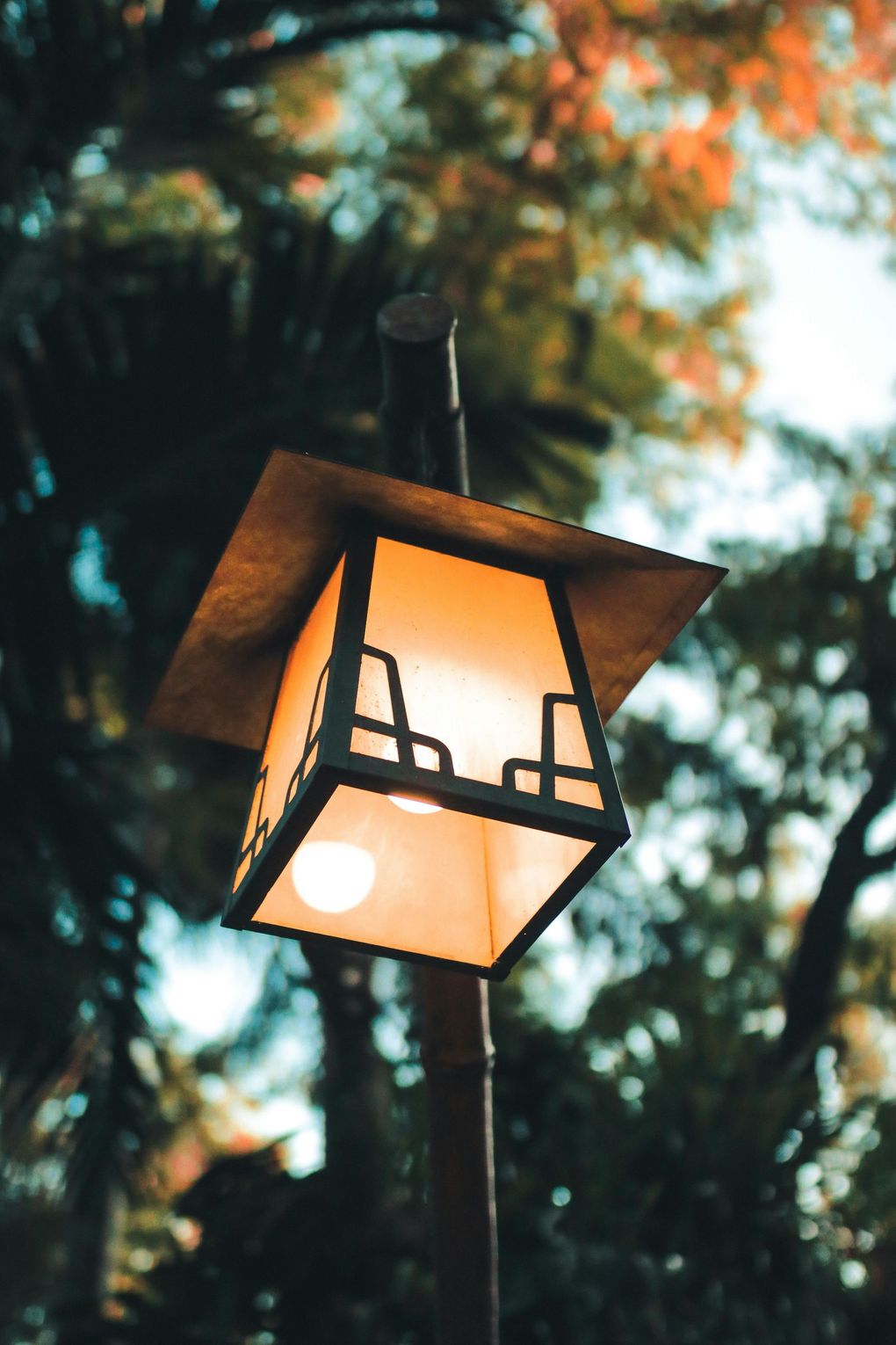 A lantern hanging from a pole with trees in the background