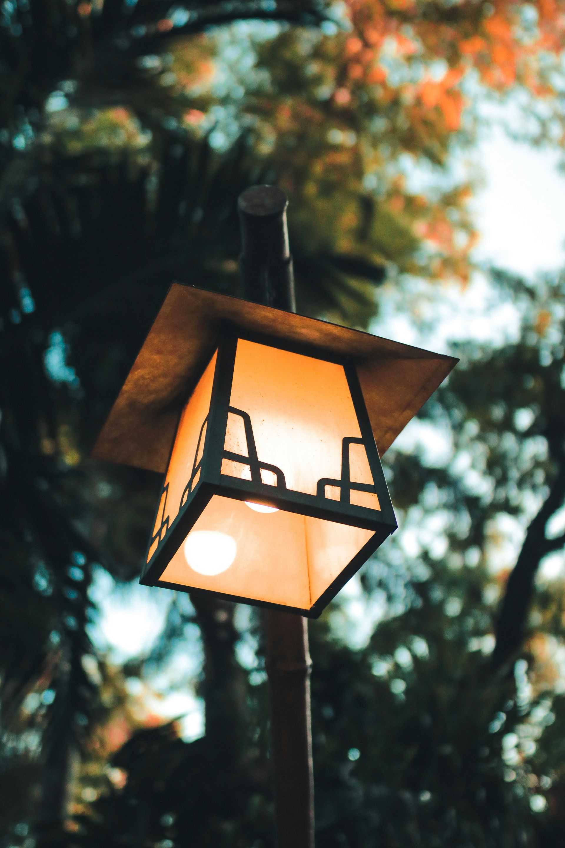A lantern hanging from a pole with trees in the background