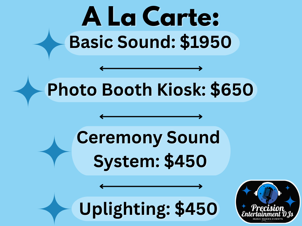 A la carte event services and pricing: basic sound, photo booth, ceremony sound, and uplighting. Blue background.