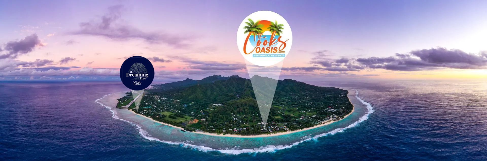 Aerial view of a lush tropical island at dusk, with a circular