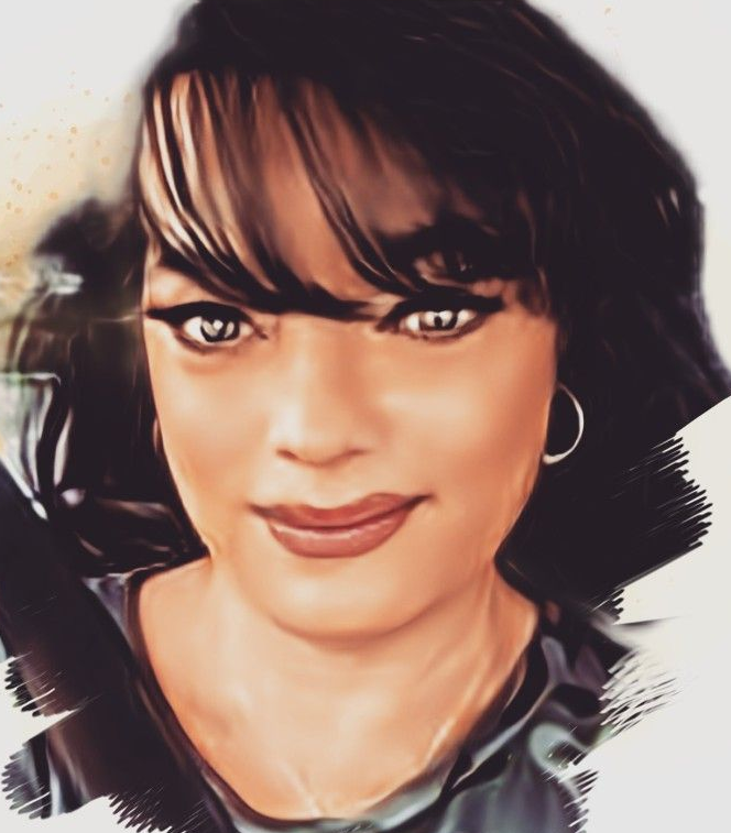 Woman with dark hair, bangs, and hoop earrings, smiling, looking at the viewer.