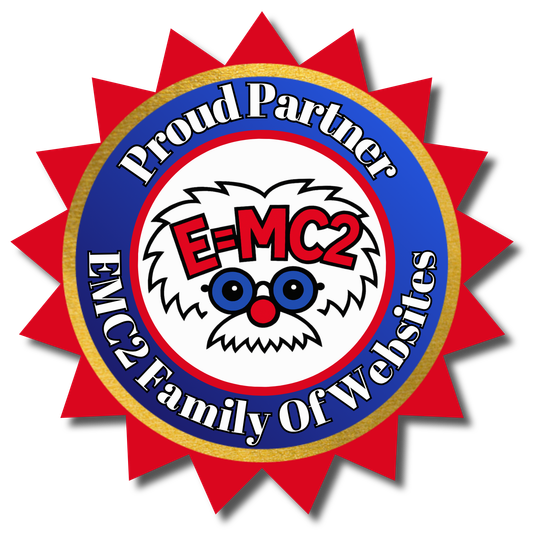Proud Partner E=MC2 emblem with red starburst, blue ring, and cartoon face at center