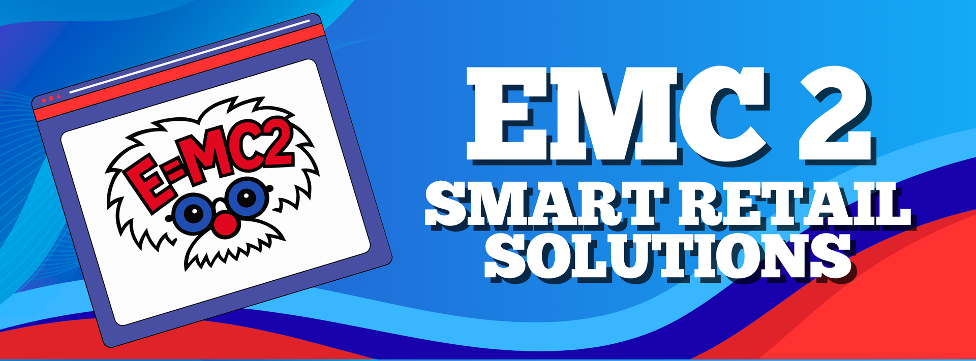 Logo for EMC 2 Smart Retail Solutions featuring a cartoon-style scientist head and blue and red background.