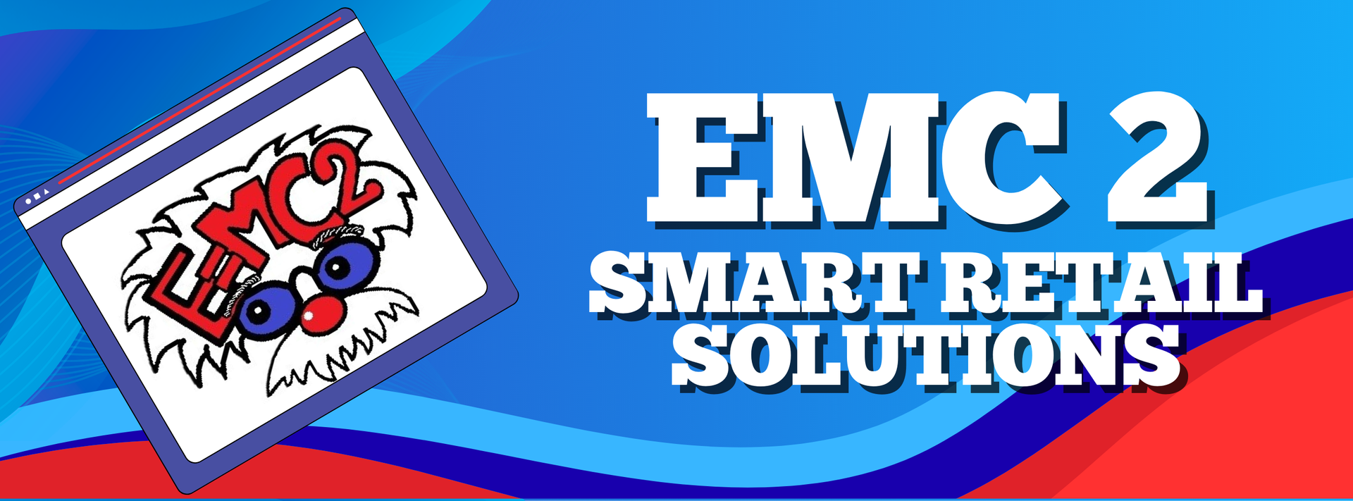 Logo for EMC 2 Smart Retail Solutions featuring a cartoon-style scientist head and blue and red background.