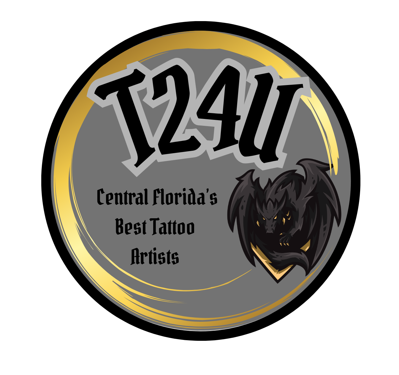 Logo for T24U, a tattoo shop in Central Florida, features a stylized dragon and text on a circular background.