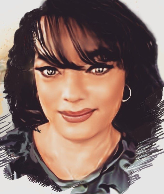 Woman with dark hair, bangs, and hoop earrings, smiling, looking at the viewer.