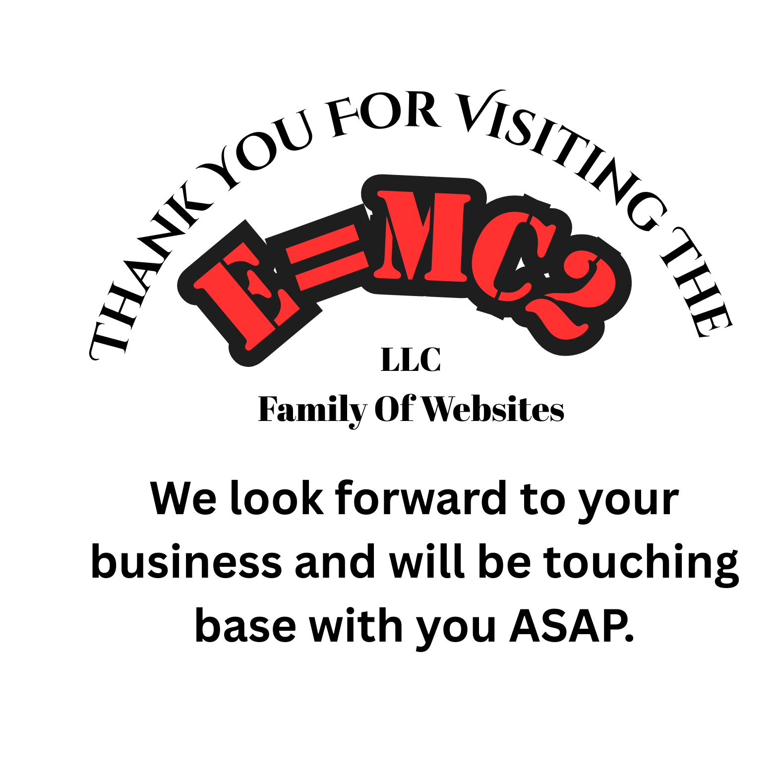 Logo for EMC2 LLC, a family of websites, with text thanking visitors and promising contact.