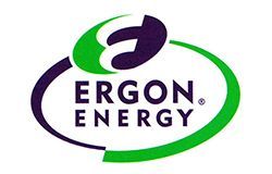 The logo for ergon energy is purple and green.
