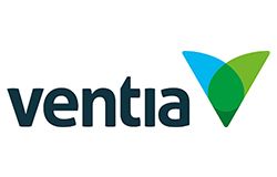 A logo for ventia with a blue and green triangle on a white background.