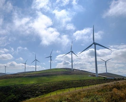 A group of wind turbines are sitting on top of a hill.